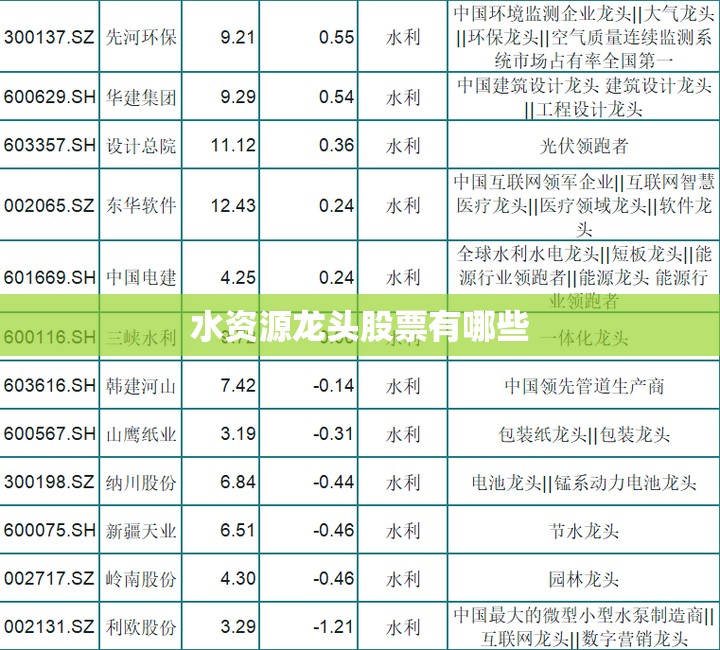 水资源龙头股票有哪些